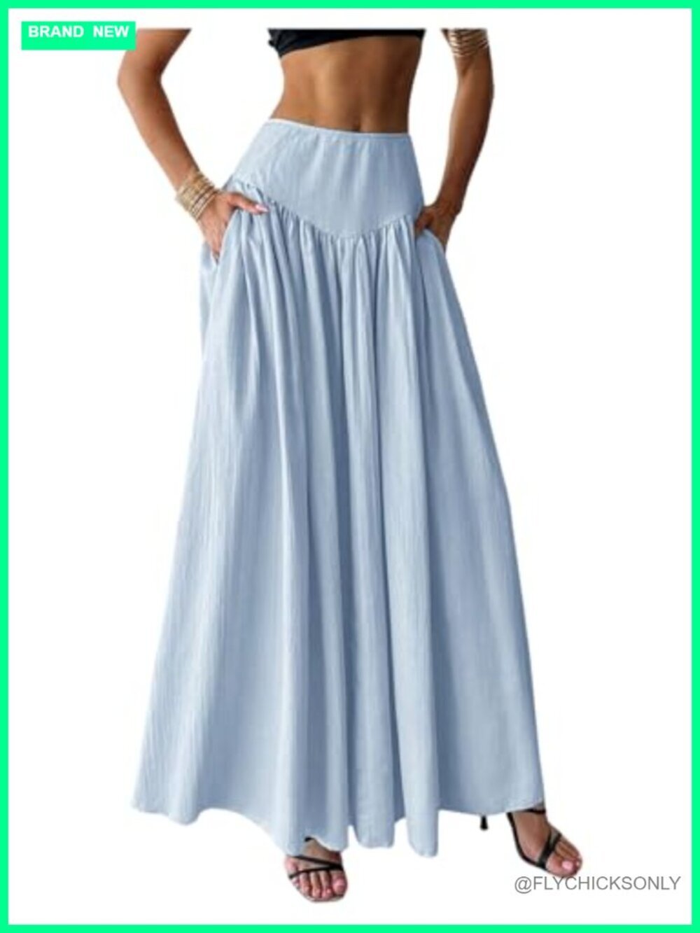 Pleated Flowy High Waist Maxi Skirt with Pockets, Lightweight Polyester, No